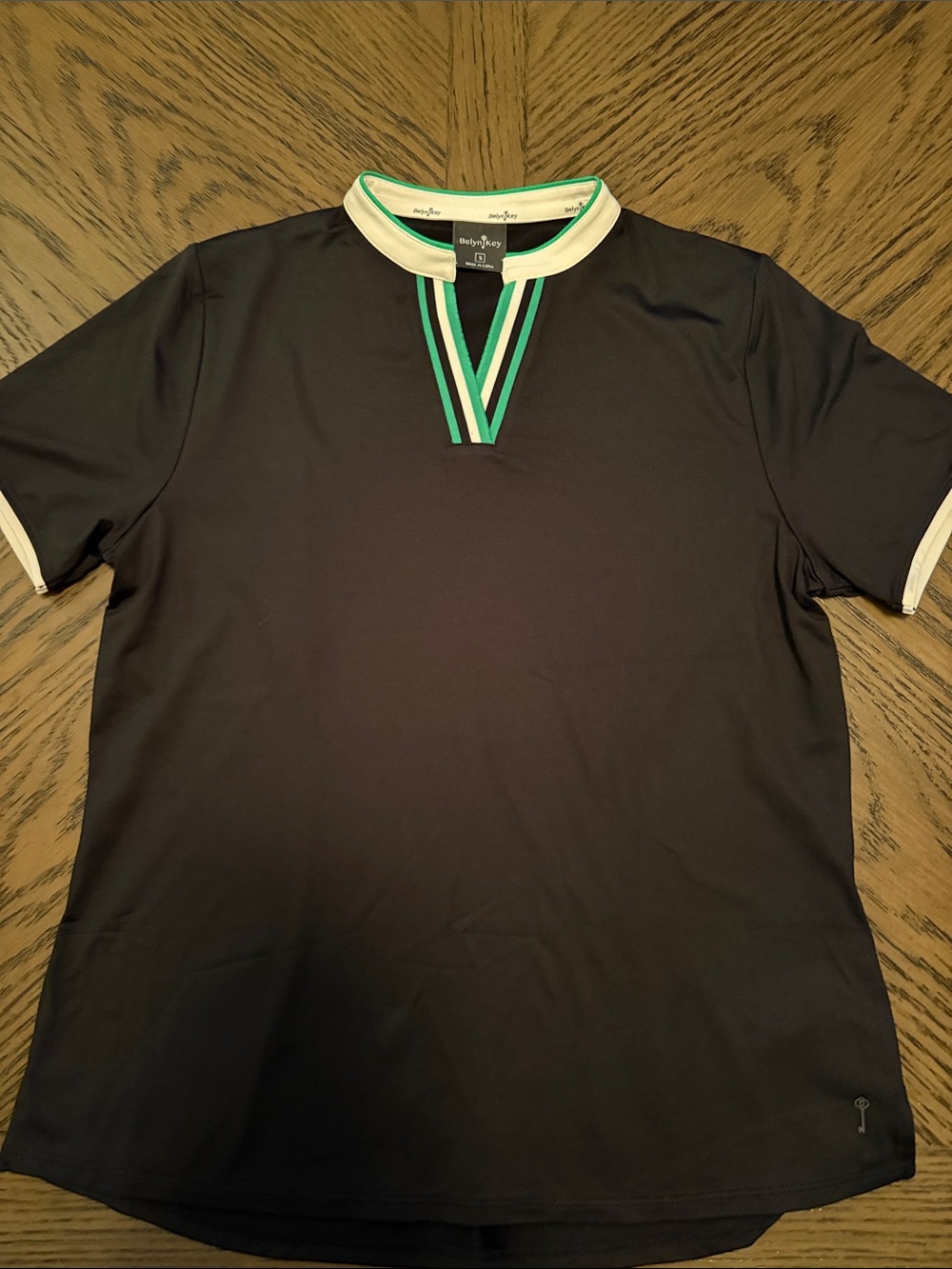 Belyn Key Black Polo with Green and Cream Trim
